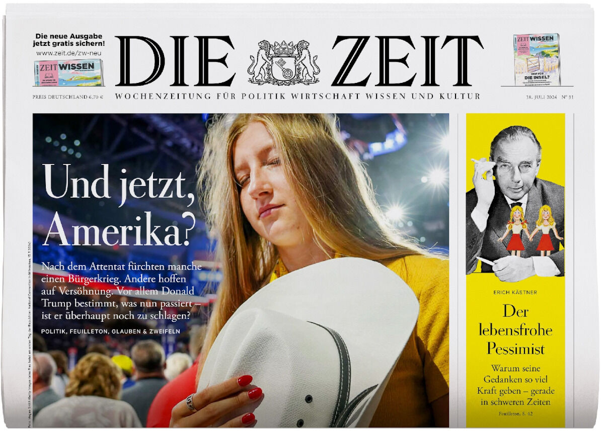 Titelseite der Wochenzeitung Die Zeit 31/2024. Links ein Artikel über Amerika mit einem Bild einer Frau mit einem Hut, rechts ein Porträt und eine kurze Beschreibung eines pessimistischen Mannes.