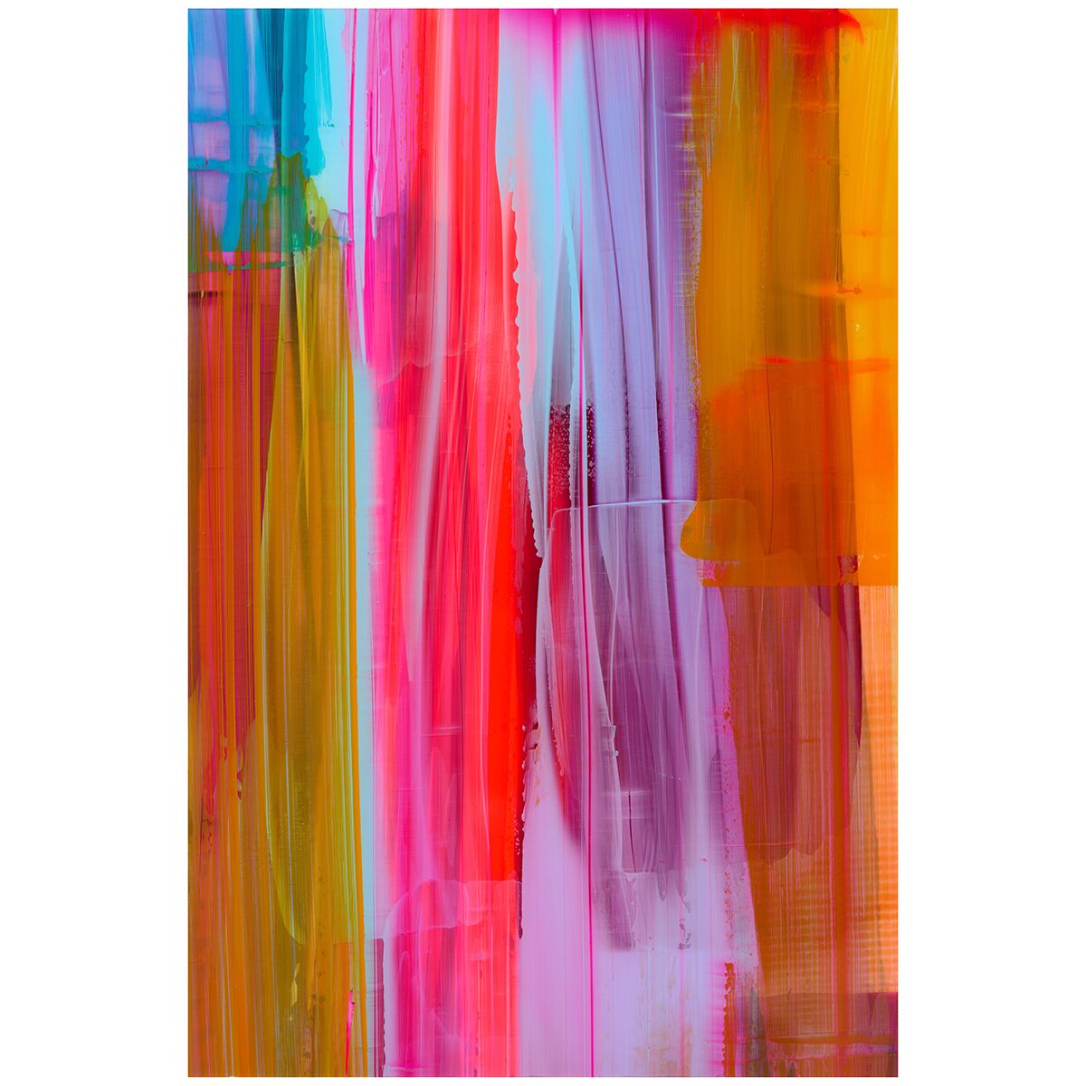 Abstraktes Gemälde von Axel Kostorz mit vertikal verlaufenden, lebhaften Farbstreifen in Pink, Orange, Gelb, Lila, Rot und Türkis auf Aluminiumplatte. Die Farbschichten überlappen sich teils transparent, wodurch ein dynamischer, leuchtender Farbeffekt entsteht.