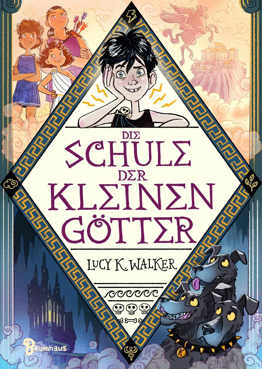 Buchcover von 'Die Schule der kleinen Götter' von Lucy K. Walker. Ein Junge mit schwarzen Haaren steht im Mittelpunkt, umgeben von mythologischen Illustrationen wie Götter und ein Hund mit mehreren Köpfen. Der Titel steht in einem großen, weißen, rautenförmigen Feld mit griechischen Mustern an den Rändern.