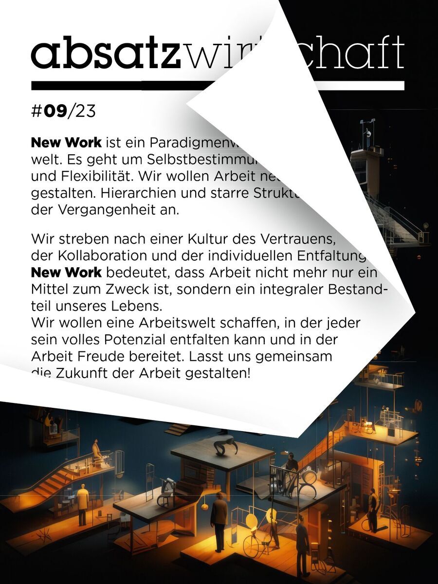 Cover der absatzwirtschaft Ausgabe 9/23. Oben links der Titel 'absatzwirtschaft'. Darunter '09/23'. Der Hauptinhalt beschreibt das Thema 'New Work'. Schwarz-weißer Hintergrund mit goldenen Akzenten und Illustrationen von Büroeinrichtungen.