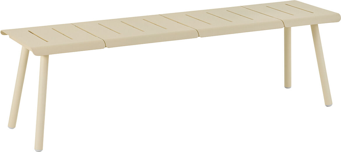 Eine minimalistische, moderne 3-Sitzer-Bank aus Holz mit einer schlichten und stabilen Konstruktion, geeignet für Innen- und Außenbereiche.