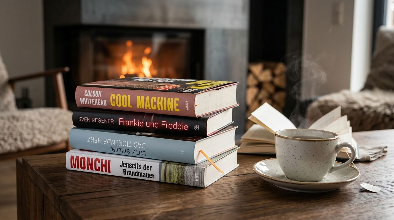 Cortex Alternativtext Im Vordergrund liegen vier gestapelte Bücher – „Cool Machine“ von Colson Whitehead, „Frankie und Freddie“ von Sven Regener, „Das trügerische Herz“ von Lucy Foley, „Jenseits der Brandmauer“ von Monchi – sowie eine geöffnete Buchseite und eine Tasse Kaffee auf einem Holztisch. Im Hintergrund brennt ein Kaminfeuer, Feuerholz ist gestapelt, und ein gemachtes Sofa sorgt für eine gemütliche Atmosphäre.
