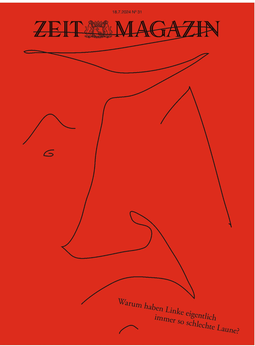 Das Titelbild der Zeitschrift DIE ZEIT vom 31. Juli 2024 zeigt eine rote Farbfläche mit einer minimalistischen schwarzen Illustration und der Überschrift 'ZEIT MAGAZIN'. Unten auf dem Cover steht der Text: 'Warum haben Linke eigentlich immer so schlechte Laune?'