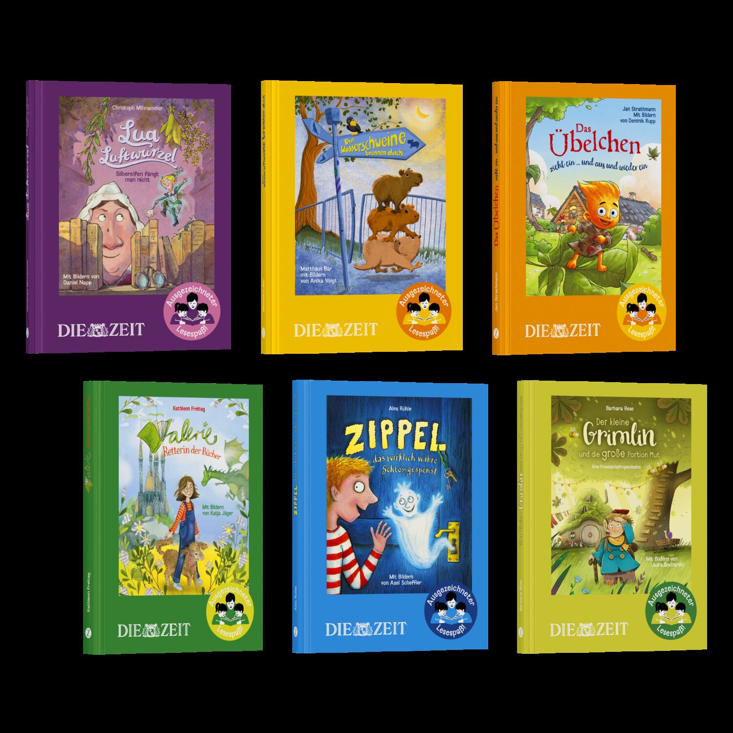 Sechs unterschiedliche, farbenfrohe Hardcover-Kinderbücher mit Illustrationen auf dem Cover, zusammengestellt als ZEIT-Edition »Ausgezeichneter Lesespaß!«. Jedes Buch zeigt kindgerechte Motive und Figuren, darunter Tiere, Geister und Fantasiewesen, und trägt das ZEIT-Logo auf dem Cover.