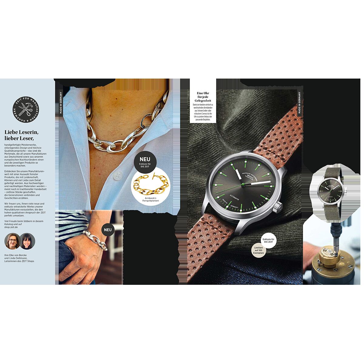 Doppelseitige Katalogseite mit Abbildungen von hochwertigem Halsschmuck aus massivem Silber, einer klassischen Armbanduhr mit braunem Lederarmband sowie erläuternden Beschreibungen. Im Design stehen Handwerkskunst, Präzision und Eleganz im Vordergrund. Der Gesamteindruck ist modern und stilvoll, mit neutralem hellem Hintergrund und dezenten Farbakzenten in den Produktdarstellungen.