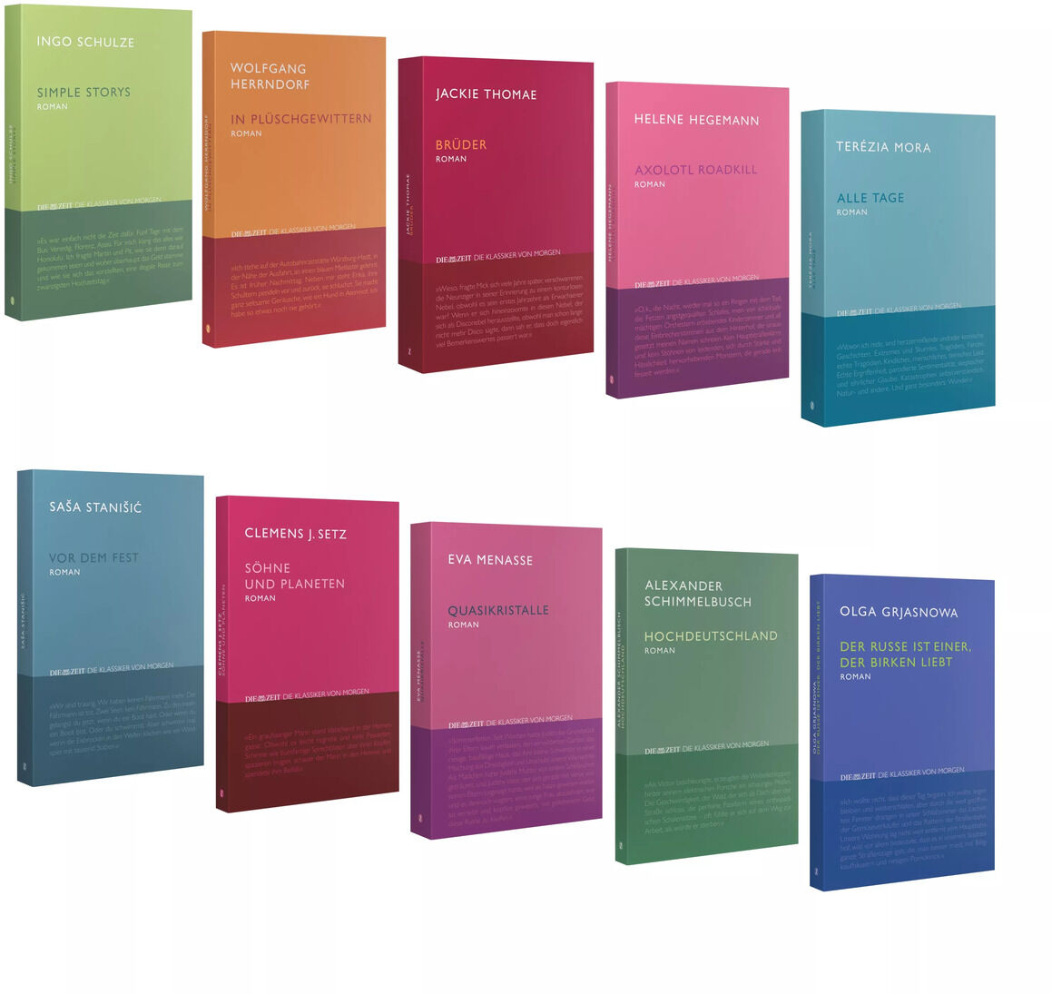 Mehrere Bücher der ZEIT-Edition »Die Klassiker von morgen« stehen aufgereiht. Die Buchdeckel sind in verschiedenen Farben wie Grün, Rot, Blau, Lila, Rosa und Türkis gestaltet. Jedes Buch hat eine andere Farbe und einen Titel in weißer Schrift.