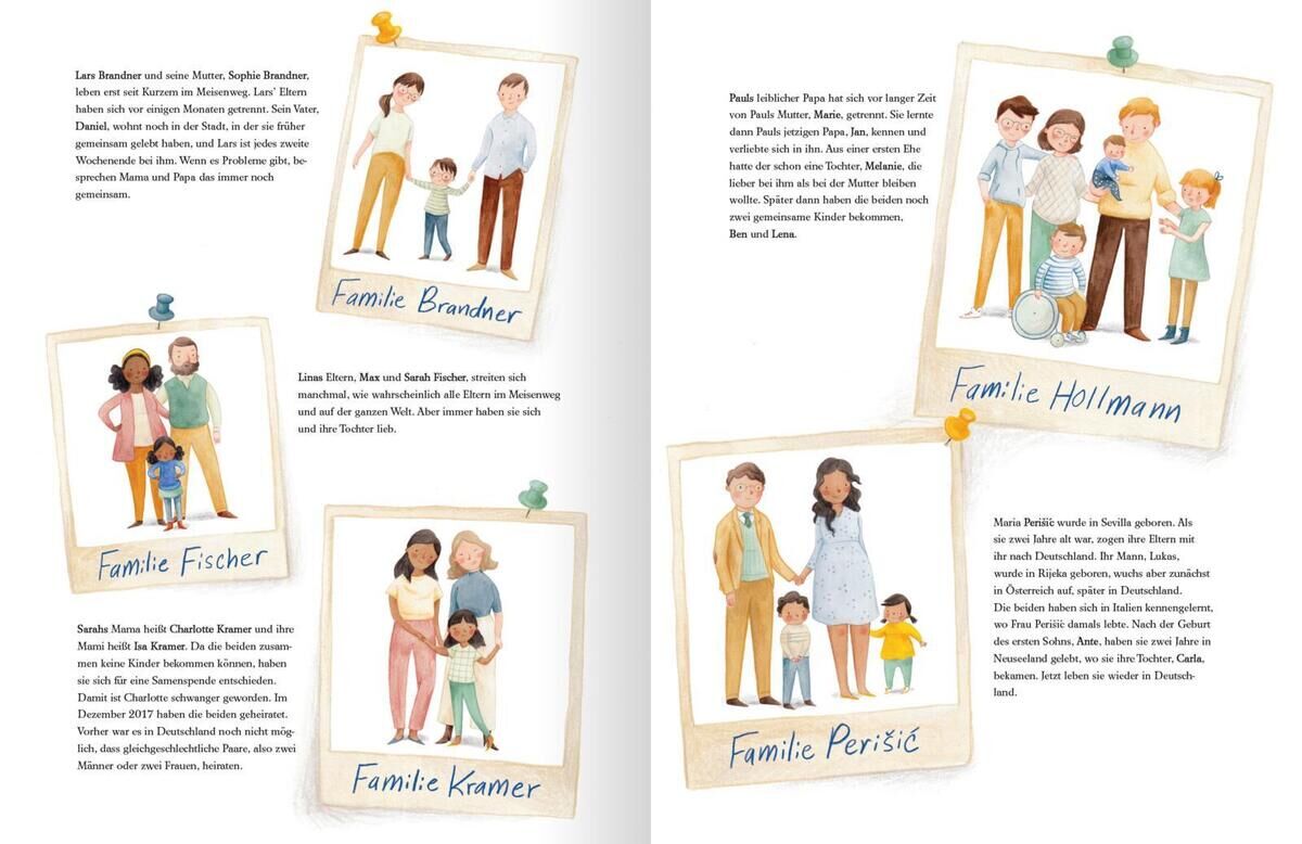 Illustrationen von verschiedenen Familien unter dem Titel 'Das alles ist Familie'. Jede Familie wird in einem Bild gezeigt und beschreibt ihre Mitglieder und Dynamiken. Im Bild sind mehrere Familien mit Kindern, Eltern und teilweise Großeltern dargestellt. Die Bilder sind bunt und liebevoll gestaltet.