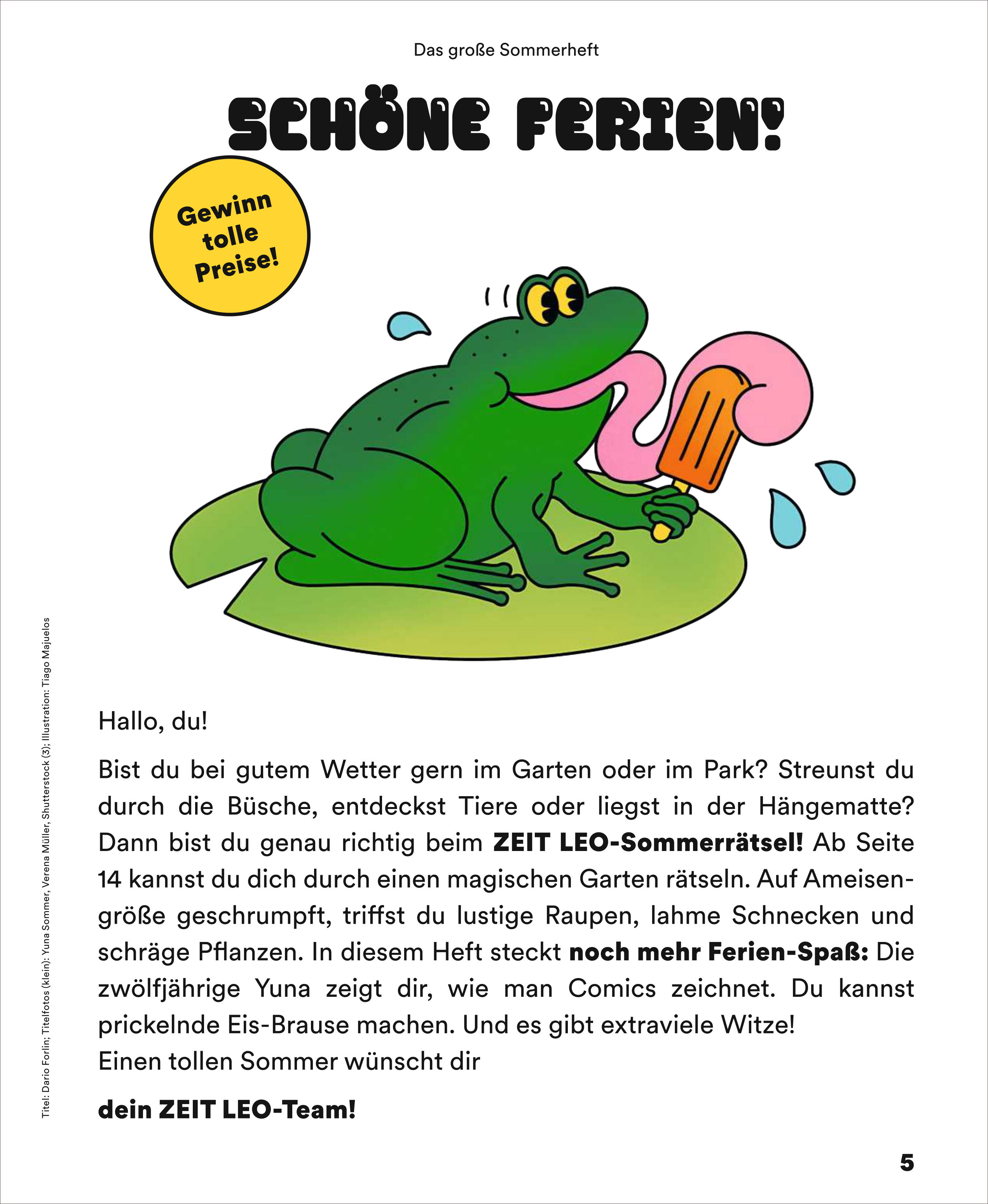 Titelseite eines Kinderhefts mit einem gezeichneten grünen Frosch, der ein rosa Eis am Stiel leckt. Darüber steht in großen, bunten Buchstaben 'Schöne Ferien!' und ein gelber Kreis mit dem Text 'Gewinn tolle Preise!'. Das Bild ist bunt und freundlich gestaltet, geeignet für Kinder im Grundschulalter. Links unten befindet sich ein Begrüßungstext an die Leserinnen und Leser.