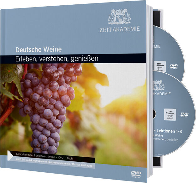 Das Produktbild zeigt das »Wein«-Seminar der Zeit Akademie. Es besteht aus einem Buch mit dem Titel 'Deutsche Weine: Erleben, verstehen, genießen' und zwei DVDs, auf denen Weintrauben abgebildet sind.