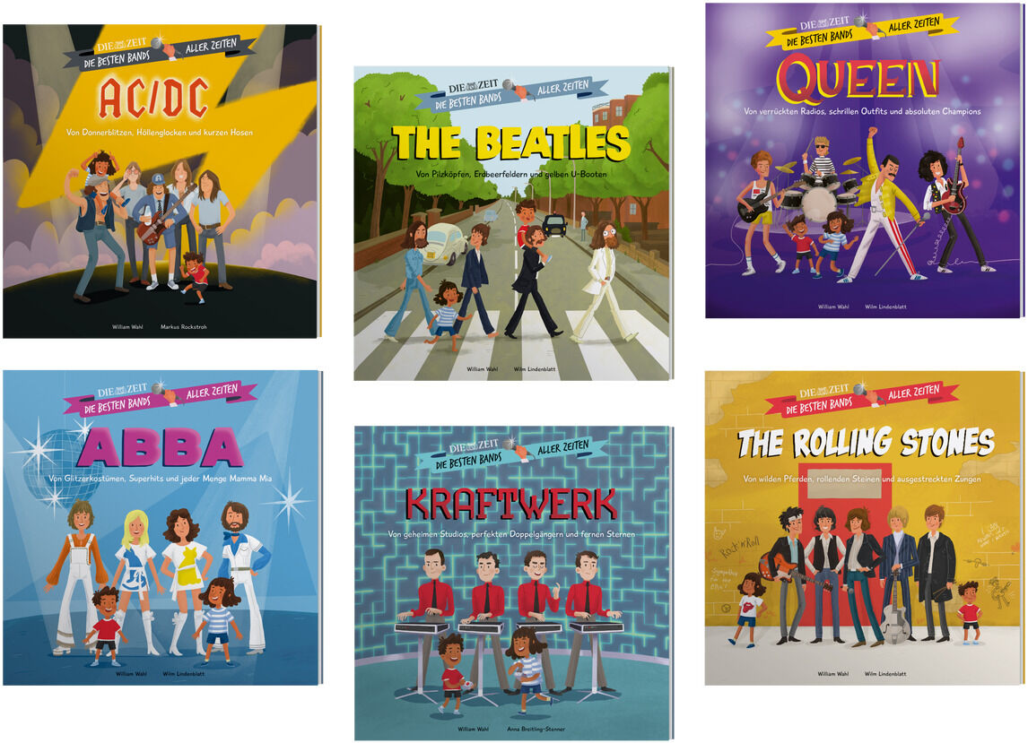 Illustrationen von sechs verschiedenen Album Covern der ZEIT-Edition »Die besten Bands aller Zeiten«: AC/DC, The Beatles, Queen, ABBA, Kraftwerk und The Rolling Stones. Jedes Cover zeigt bunte und detaillierte Zeichnungen der jeweiligen Band in unterschiedlichen Farben und Szenen.