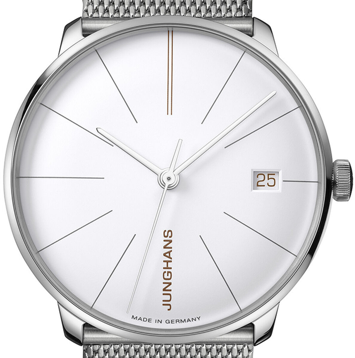 ZEIT-Sonderedition »Meister fein Kleine Automatic« von Junghans, eine elegante Automatikuhr mit silbernem Edelstahlgehäuse und Milanaise-Armband. Das weiße Zifferblatt zeigt schlanke, stilvolle Zeiger und eine Datumsanzeige. Minimalistisches Design bietet zeitlose Eleganz.