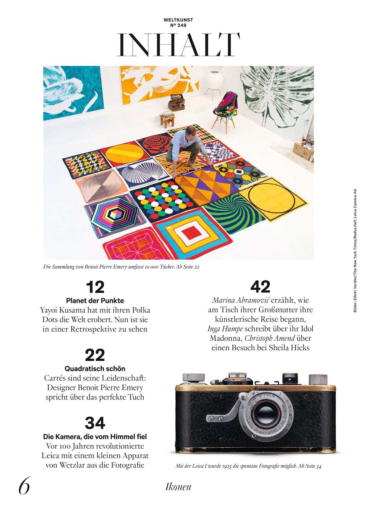 Detailreiche Magazininhaltsseite von WELTKUNST 249/25. Oben groß abgebildet ein Kunstwerk: Ein bunter Teppich mit geometrischen Mustern, darauf eine Frau und ein Kind beim Betrachten. Darunter Inhaltsangaben zu Themen wie Yayoi Kusama, Schmuck, Fotografie und eine Retro-Kamera als Foto.