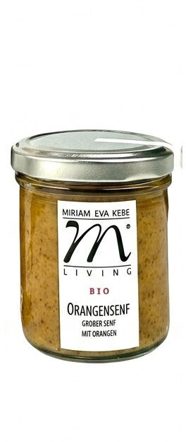 Ein Glas Kebe Bio-Orangensenf mit silbernem Schraubdeckel. Das Etikett zeigt Logo und Produktinfos: „Orangensenf“, grober Senf mit Orangen. Der Senf ist hellorange mit sichtbaren Senfkörnern. Die Gestaltung wirkt hochwertig und modern.