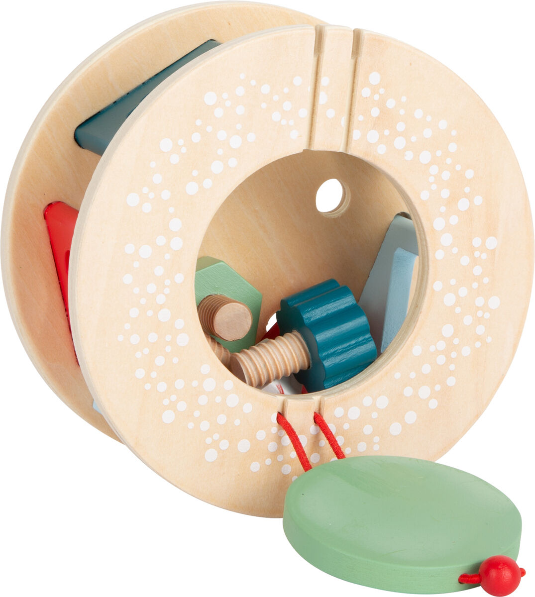Das Bild zeigt ein Holzspielzeug in Form einer Schnecke, das als Nachziehtier und Steckspiel verwendet werden kann. Es besteht aus natürlichem Holz und enthält farbige Bausteine in Grün, Rot und Blau. Das Spielzeug fördert die Motorik und Kreativität von Kleinkindern.