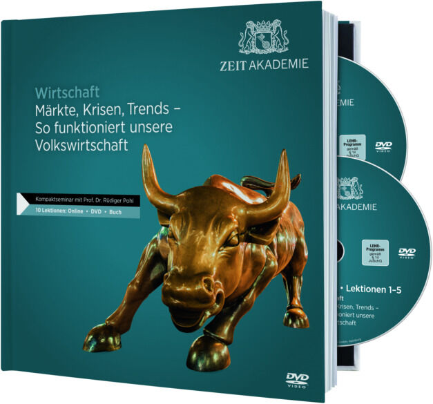 Buch- und DVD-Set der »Wirtschaft«-Seminarreihe von Zeit Akademie, mit dem Titel 'Märkte, Krisen, Trends - So funktioniert unsere Volkswirtschaft'. Das Cover zeigt einen bronzenen Bullen.