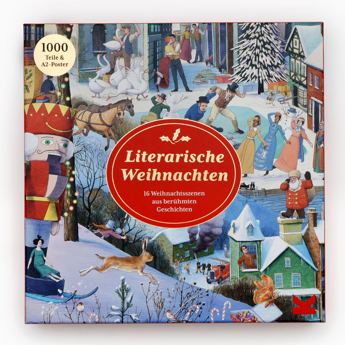 Das Produkt 'Puzzle »Literarisches Weihnachten«' zeigt eine bunte Weihnachtsillustration mit literarischen Motiven. Auf der Verpackung sind 1000 Teile angegeben, und sie trägt den Titel 'Literarische Weihnachten'.