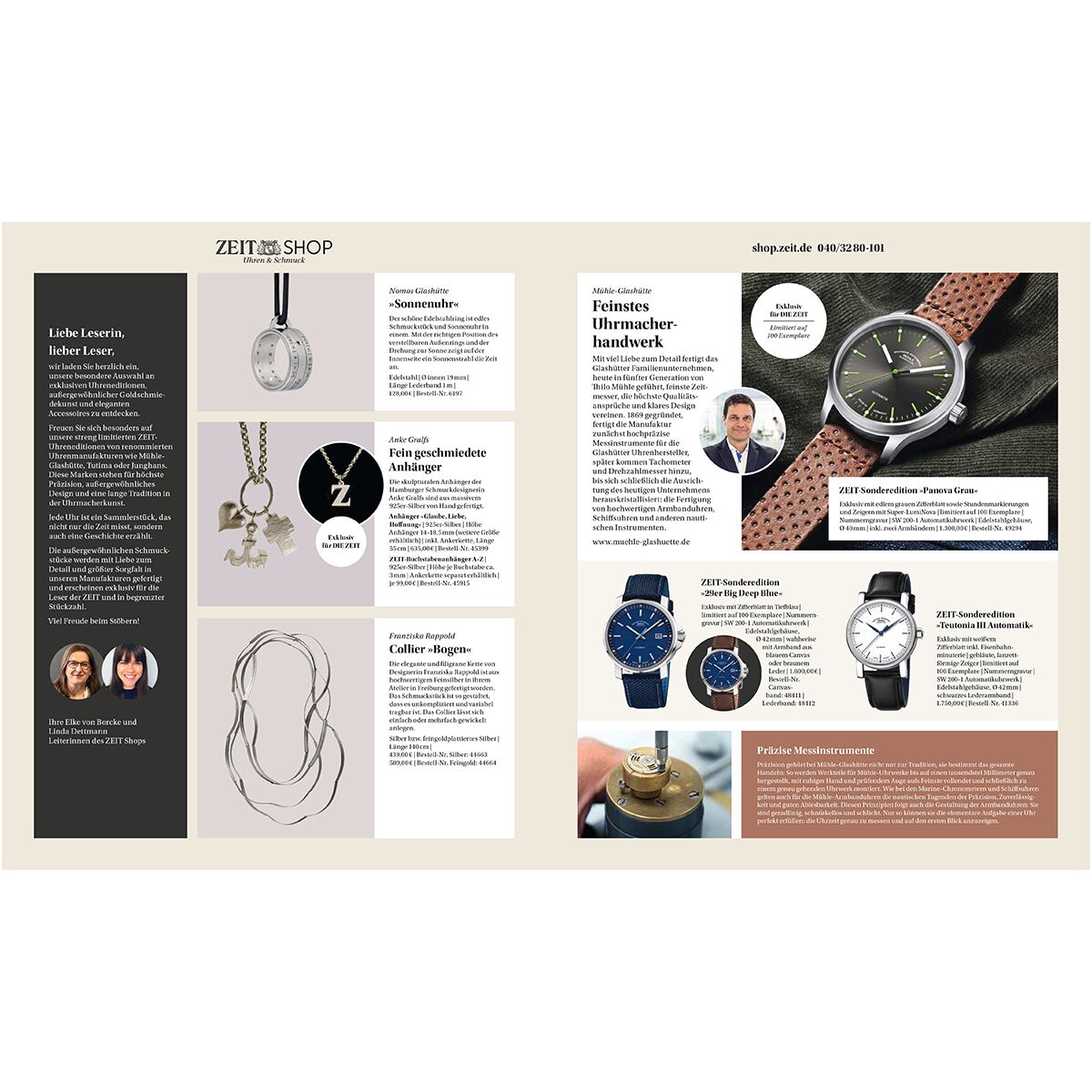 Doppelseitiger Katalog mit verschiedenen Modeaccessoires, darunter Uhren und Schmuck. Die linke Seite zeigt einige Halsketten und Anhänger, während die rechte Seite verschiedene Armbanduhren präsentiert. Stilvolle Präsentation mit informativen Texten und klaren Produktbildern.