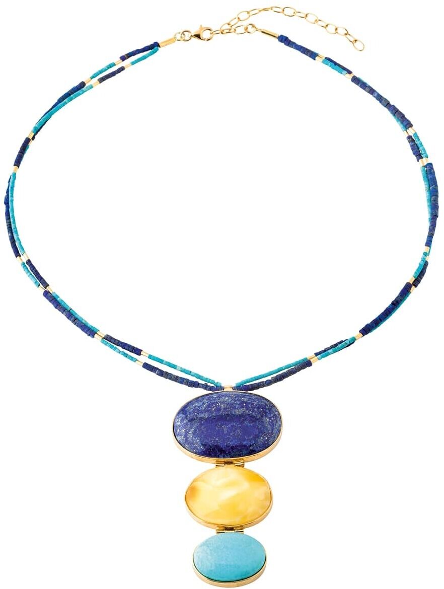 Collier »Melusine« Halskette mit blauen, gelben und türkisfarbenen Steinen sowie goldenen Akzenten.