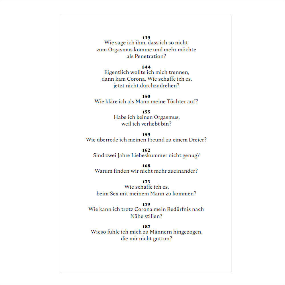 Eine Liste von nummerierten Fragestellungen, die Themen wie Kommunikation in der Beziehung und Sexualität behandeln.