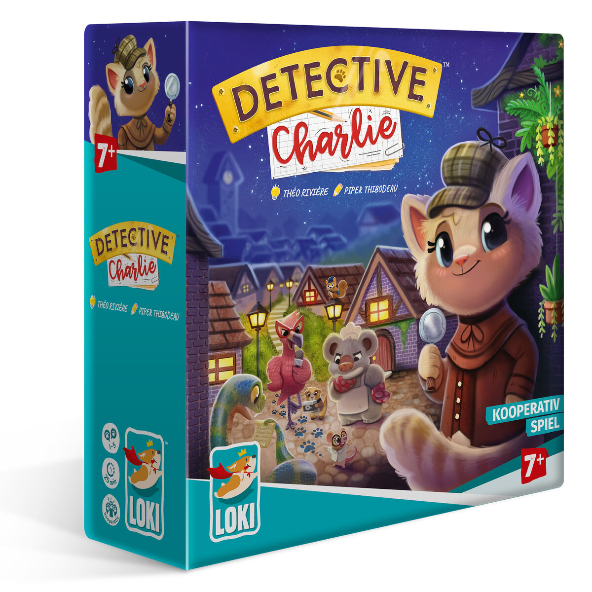 Auf dem Bild ist die Verpackung des Brettspiels 'Detective Charlie' zu sehen. Die Box zeigt eine gezeichnete Katze als Detektivin mit Lupe vor einer nächtlichen Dorfszenerie mit Häusern und anderen Tiercharakteren. Das kooperative Spiel richtet sich an Kinder ab sieben Jahren. Die Aufmachung ist farbenfroh und freundlich gestaltet.