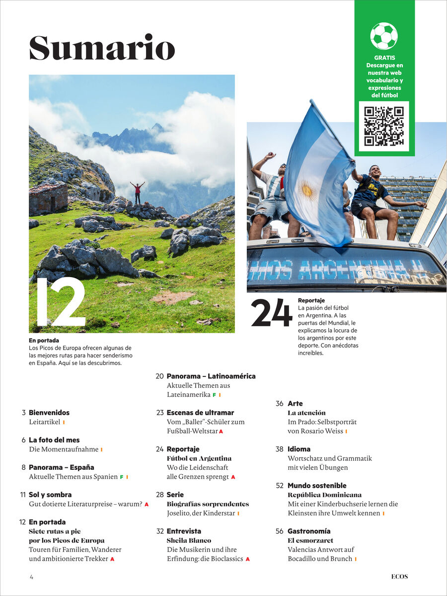 Doppelseite eines spanischsprachigen Magazin-Inhaltsverzeichnisses, mit großen Fotos: Wanderer auf grüner Bergwiese und fröhliche Gruppen mit argentinischer Flagge. Themenliste mit Zahlen, Rubriken und kurzen Beschreibungen. Modernes, klares Layout.