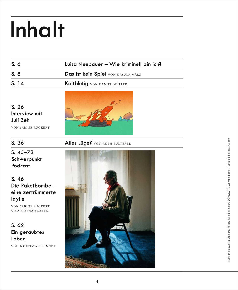 Seite aus dem Magazin ZEIT VERBRECHEN 5/20 mit Inhaltsverzeichnis und Bildern.