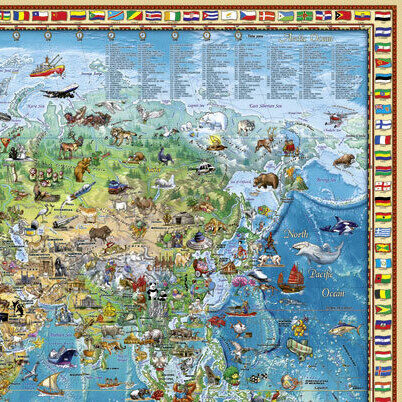 Sehr detailliertes, farbenfrohes Puzzle einer illustrierten Weltkarte mit über 600 kleinen Motiven aus allen Kontinenten wie Tiere, Sehenswürdigkeiten und Naturerscheinungen. Die Ozeane sind in verschiedenen Blautönen gestaltet. Ein Flaggenrand umrahmt die Karte, das Motiv wirkt lebendig und lehrreich.