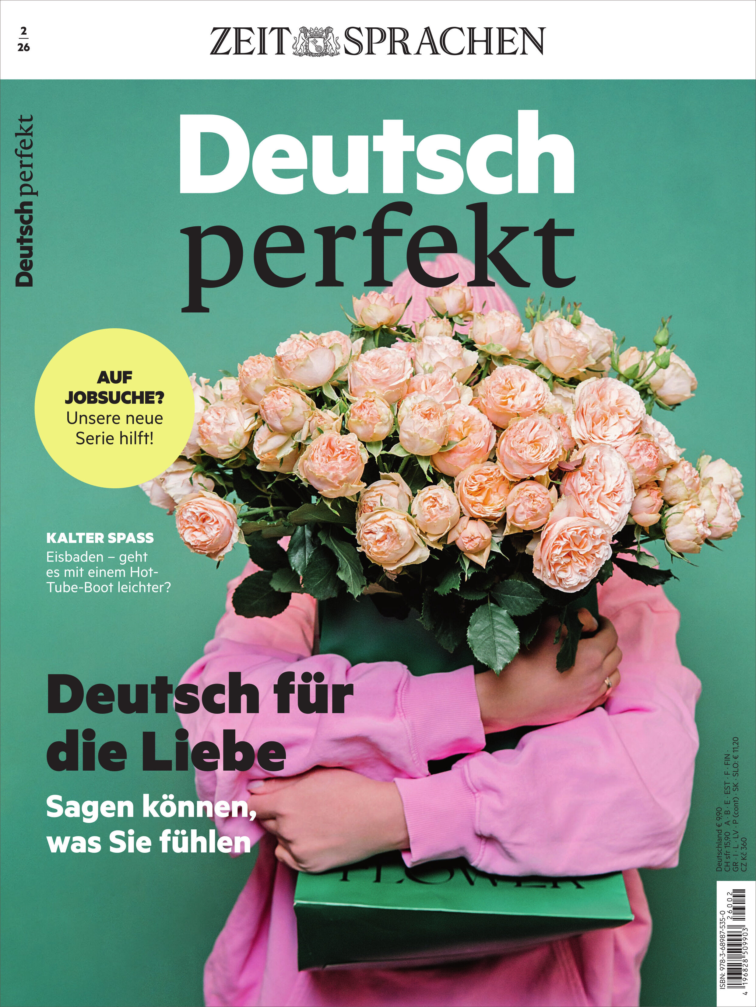 Titelbild des Magazins Deutsch perfekt mit großem Strauß aus lachsfarbenen Rosen, der von einer Person mit rosa Mantel gehalten wird. Hintergrund ist grün. Verschiedene Überschriften und der Titel „Deutsch für die Liebe“ dominieren das Layout.