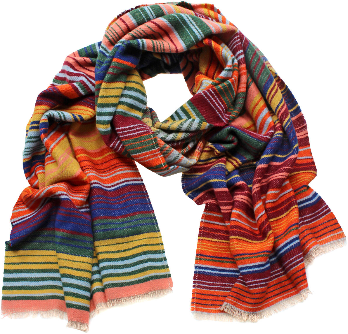 Ein bunter Wollschal namens Ariana mit streifen in verschiedenen leuchtenden Farben wie rot, blau, grün, gelb, orange und rosa, drapiert auf einem weißen Hintergrund.