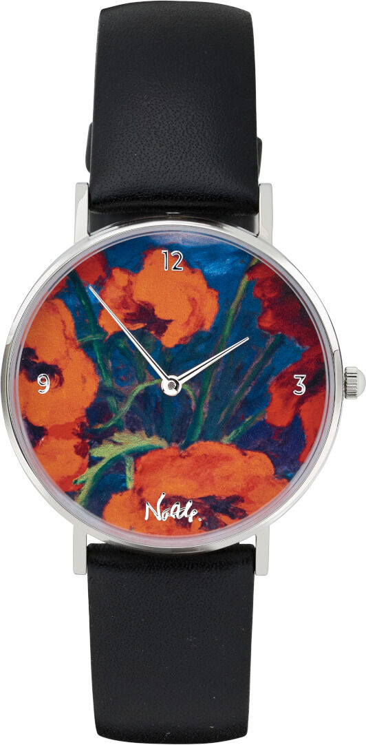 Künstler-Armbanduhr mit schwarzem Armband und einem Zifferblatt, das das Kunstwerk ‚Großer Mohn (Rot, Rot, Rot)‘ von Emil Nolde zeigt. Das Zifferblatt ist mit roten Mohnblumen und einem blauen Hintergrund gestaltet.