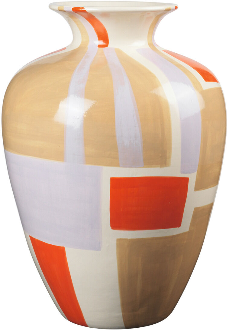 Die Vase 'Dana' ist eine farbenfrohe, handgefertigte Keramikvase mit einem modernen Design. Sie zeigt eine Mischung aus beige, roten, weißen und lilafarbenen geometrischen Mustern.