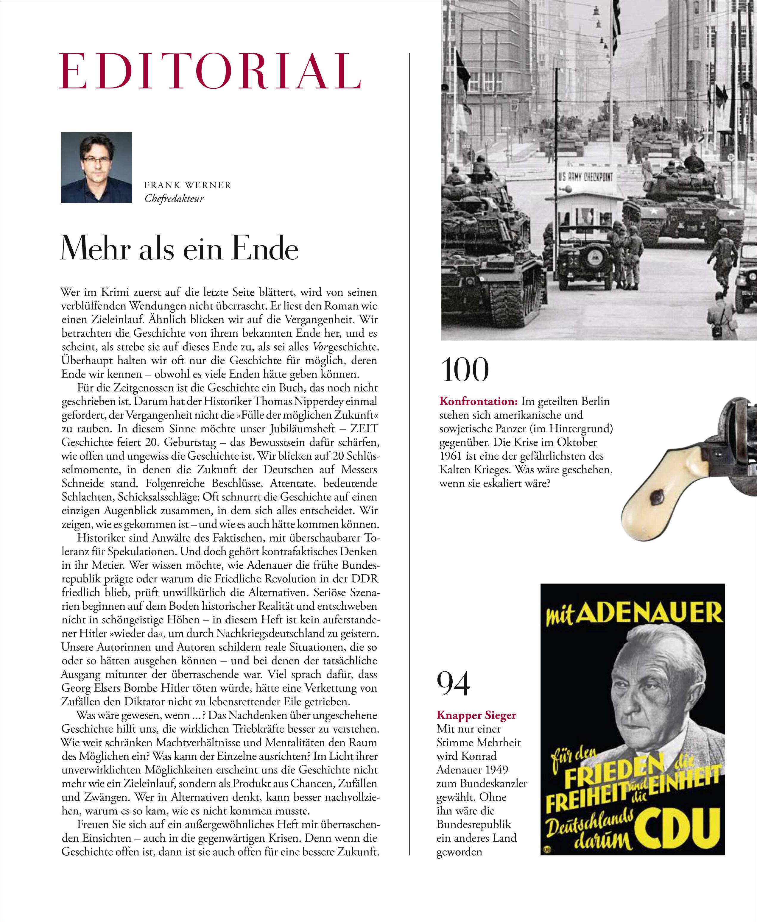 Cover des Magazins ZEIT GESCHICHTE 3/25 mit dem Titel 'Was wäre gewesen, wenn...?' zeigt einen Artikel über Alternativgeschichte mit einem Bild von Panzern und einem Plattenspieler, sowie eine Werbung für Adenauer und die CDU. Erscheinungstermin Oktober 2023.