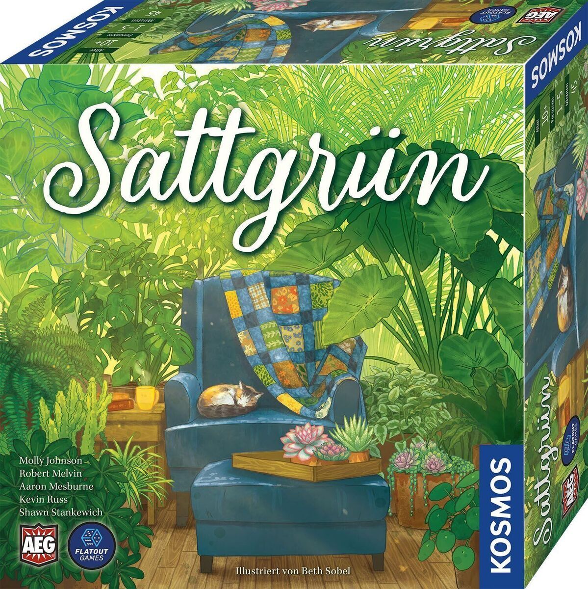 Schachtel des Brettspiels 'Sattgrün' von Kosmos Verlag. Das Cover zeigt eine gemütliche Szene mit vielen Pflanzen, einem blauen Sessel, einer Katze und einem Holzboden. Perfekt für Gartenliebhaber und Gesellschaftsspiel-Fans.