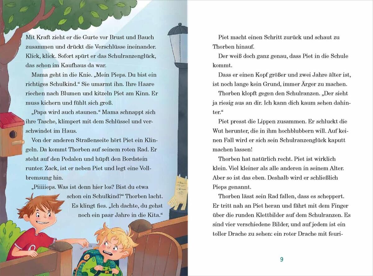 Zwei Kinder zeichnen in einem illustrierten Kinderbuch. Der Text beschreibt die spannende Geschichte der Wackelzahn-Bande, wie sie zur Schule gehen. Der Hintergrund ist lebhaft und bunt gestaltet.