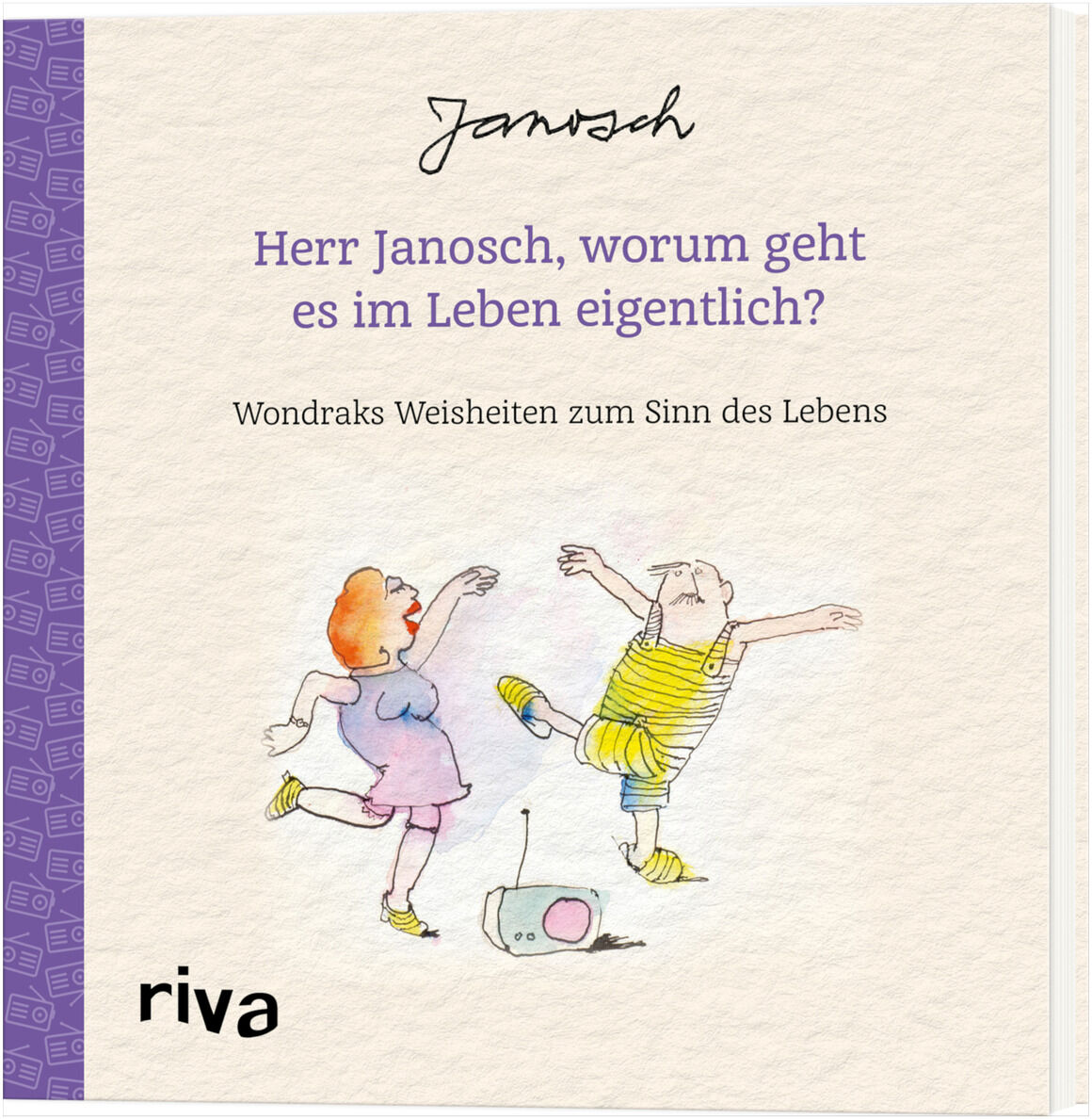 Cover des Buches 'Wondrak-Geschenkbuch: »Herr Janosch, worum geht es im Leben eigentlich?«' mit zwei farbenfrohen, humorvollen Figuren und dem Titel in lila Schrift.