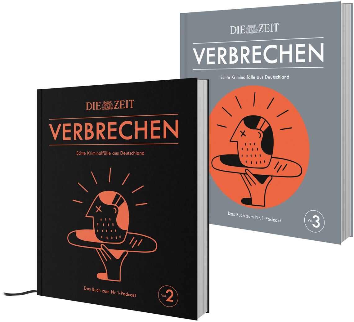 Das Bild zeigt zwei Bücher der ZEIT Edition mit dem Titel „VERBRECHEN“. Beide Bücher haben Hardcover-Einbände, eines ist schwarz mit orangefarbenen Details, das andere grau mit weißen Details. Auf den Covern sind stilisierte Illustrationen eines Mannes abgebildet. Die Bücher enthalten spannende Kriminalfälle aus Deutschland.