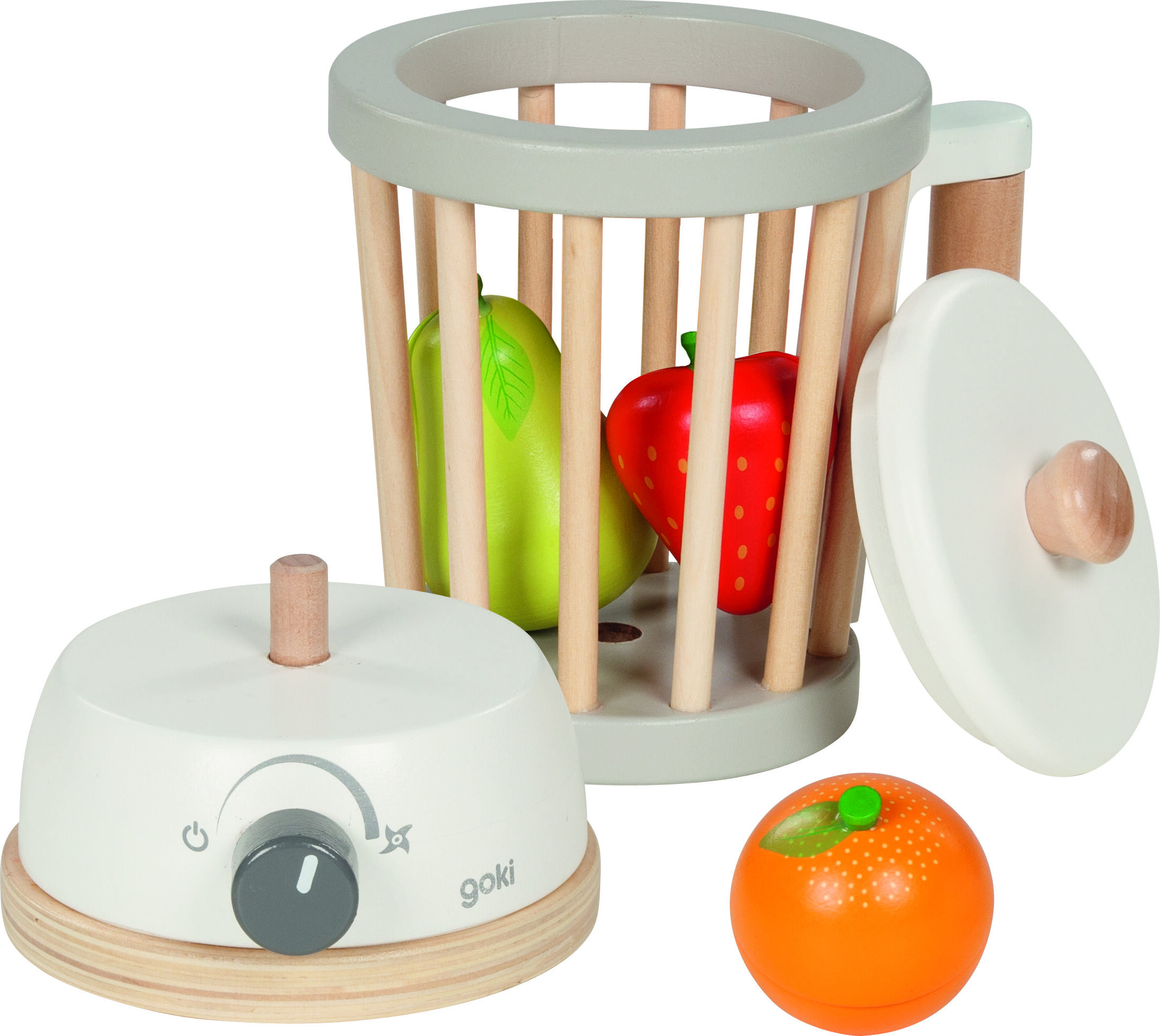 Ein Holz-Standmixer-Spielzeug mit abnehmbarem Deckel, naturfarbenen und grauen Elementen, sowie farbenfrohem Spielzeugobst wie Erdbeere, Apfel und Orange. Der Mixer ist detailliert gestaltet und eignet sich für Kinder zum fantasievollen Spielen.