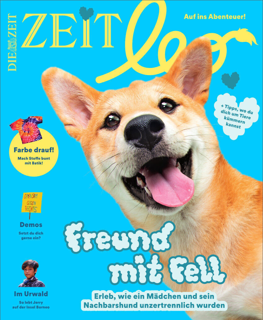 Cover des Magazins ZEIT LEO 3/24 mit einem großen Foto eines freundlichen, braun-weißen Hundes. Titel 'Freund mit Fell' ist in weißer Schrift auf hellblauem Hintergrund.