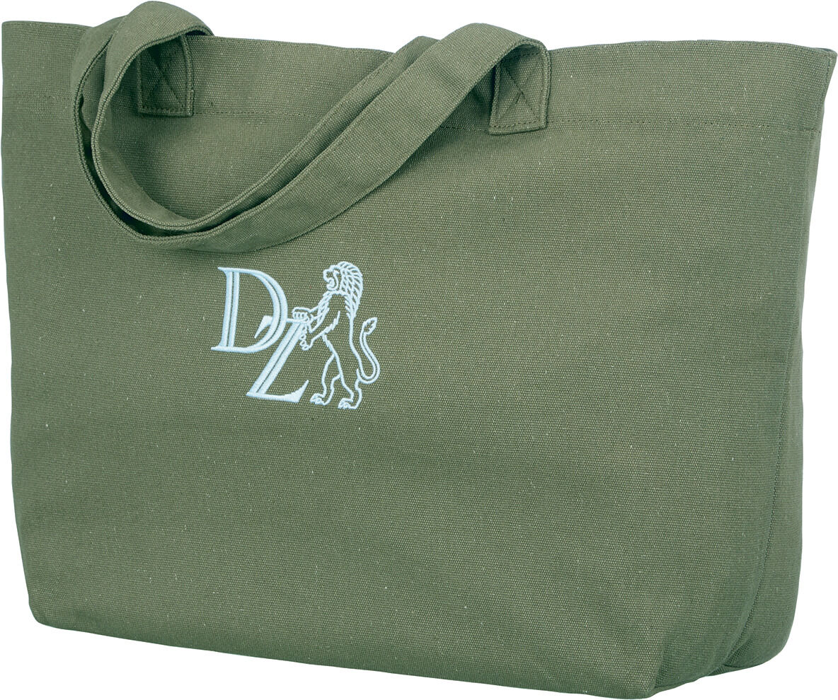 Olivefarbene Canvas-Tasche von ZEIT mit Löwe-Logo in Weiß. Die Tasche hat zwei Henkel und ein minimalistisches Design, ideal für den täglichen Gebrauch.