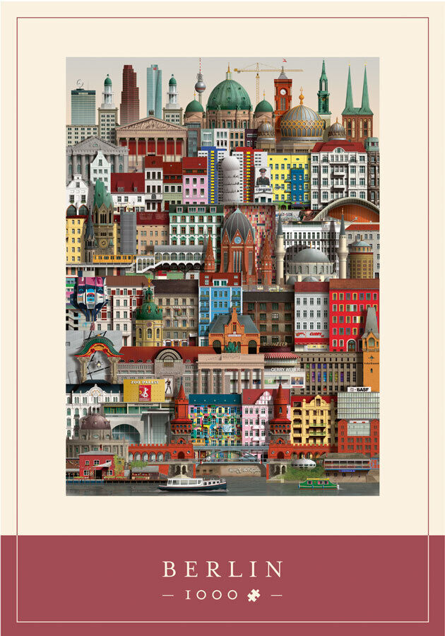 Ein Puzzle mit 1000 Teilen zeigt eine farbenfrohe Collage von Berliner Wahrzeichen und Gebäuden, die verschiedene Architekturstile und bekannte Strukturen der deutschen Hauptstadt darstellen.