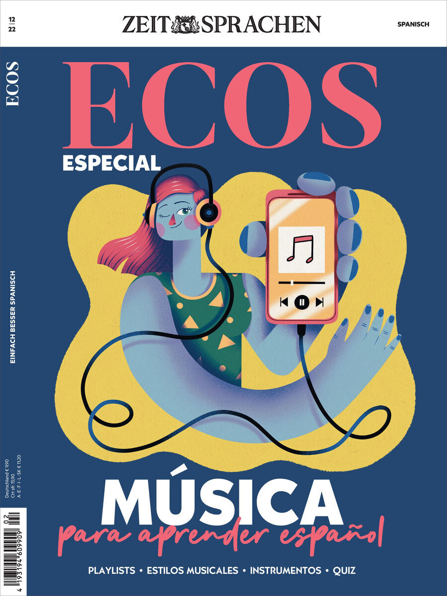 Das Cover der Zeitschrift 'Ecos Heft 12/2022 Sonderausgabe' zeigt eine blaue Illustration einer Person mit Kopfhörern und Handy. Der Haupttitel lautet 'MÚSICA para aprender español', umgeben von farbigen musikalischen Symbolen. Überschriften oben sind 'ECOS Especial' und 'Zeitsprache'.