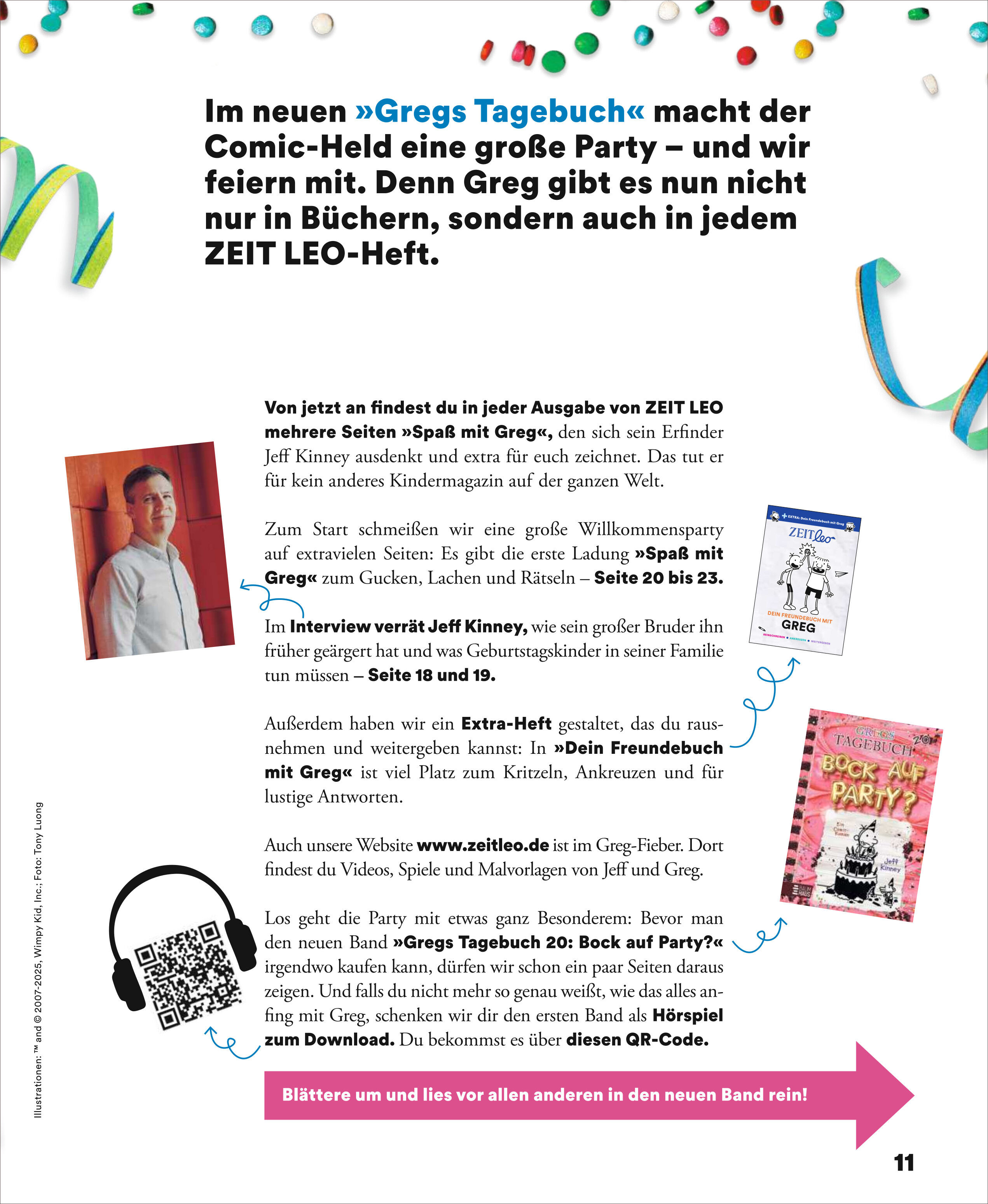 Seite aus der Zeitschrift ZEIT LEO mit bunter Grafik und Text über das Comic-Helden-Special zu Gregs Tagebuch. Zu sehen sind kleine farbige Papierkonfetti, Bilder von Kinderbüchern, zahlreiche Textelemente und Zeichnungen. Farbig, freundlich und spielerisch gestaltet, ideal für Kinder und junge Leser.