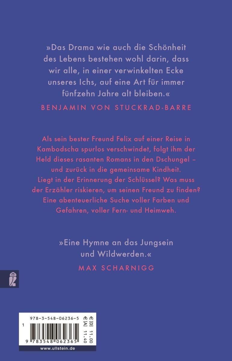 Der Buchrücken des Romans 'Karig, F: Dschungel' zeigt Beschreibungen und Empfehlungen von bekannten Autoren wie Benjamin von Stuckrad-Barre und Max Scharnigg. Die Hintergrundfarbe ist blau, der Text ist in weiß und rot abgedruckt. ISBN und Verlagsangaben befinden sich am unteren Rand des Buchrückens.