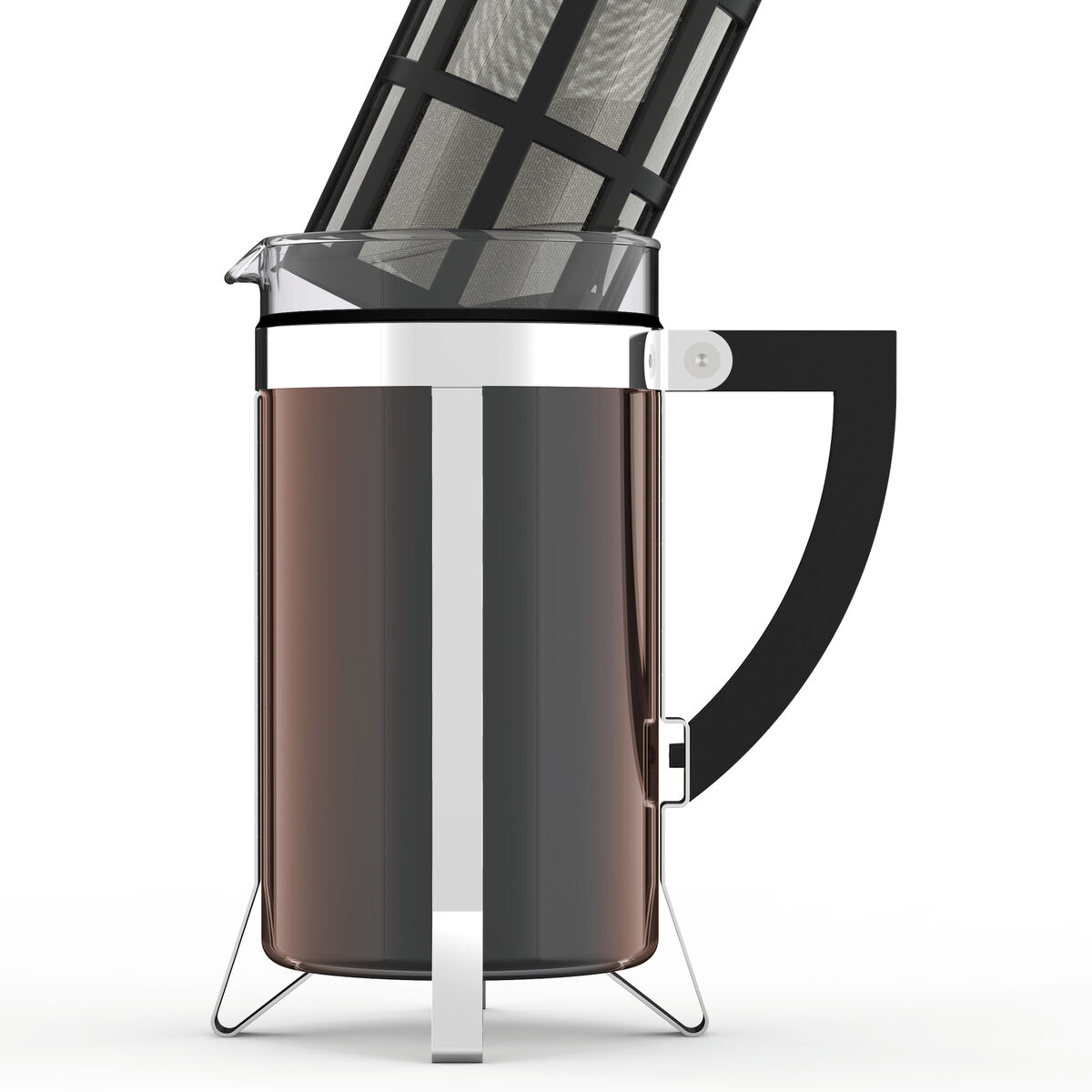 Kaffeebereiter »LASZLO« im Bauhaus Stil mit schwarzem Griff und Glasbehälter, gefüllt mit Kaffee und herausnehmbaren Metallfilter.