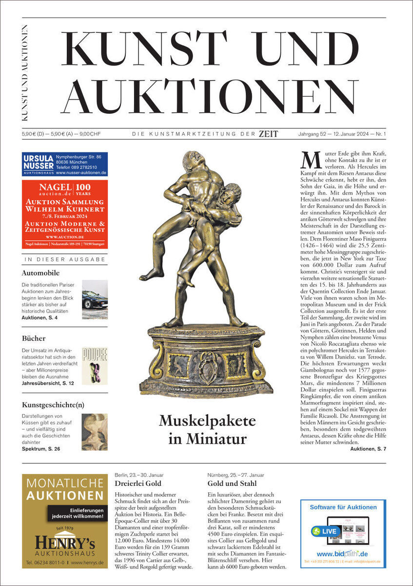 Titelseite der Zeitung 'Kunst und Auktionen 1/24' mit einem Hauptartikel über eine Miniatur-Skulptur. Enthält Schlagzeilen und verschiedene Artikelvorschauen sowie Anzeigebanner.