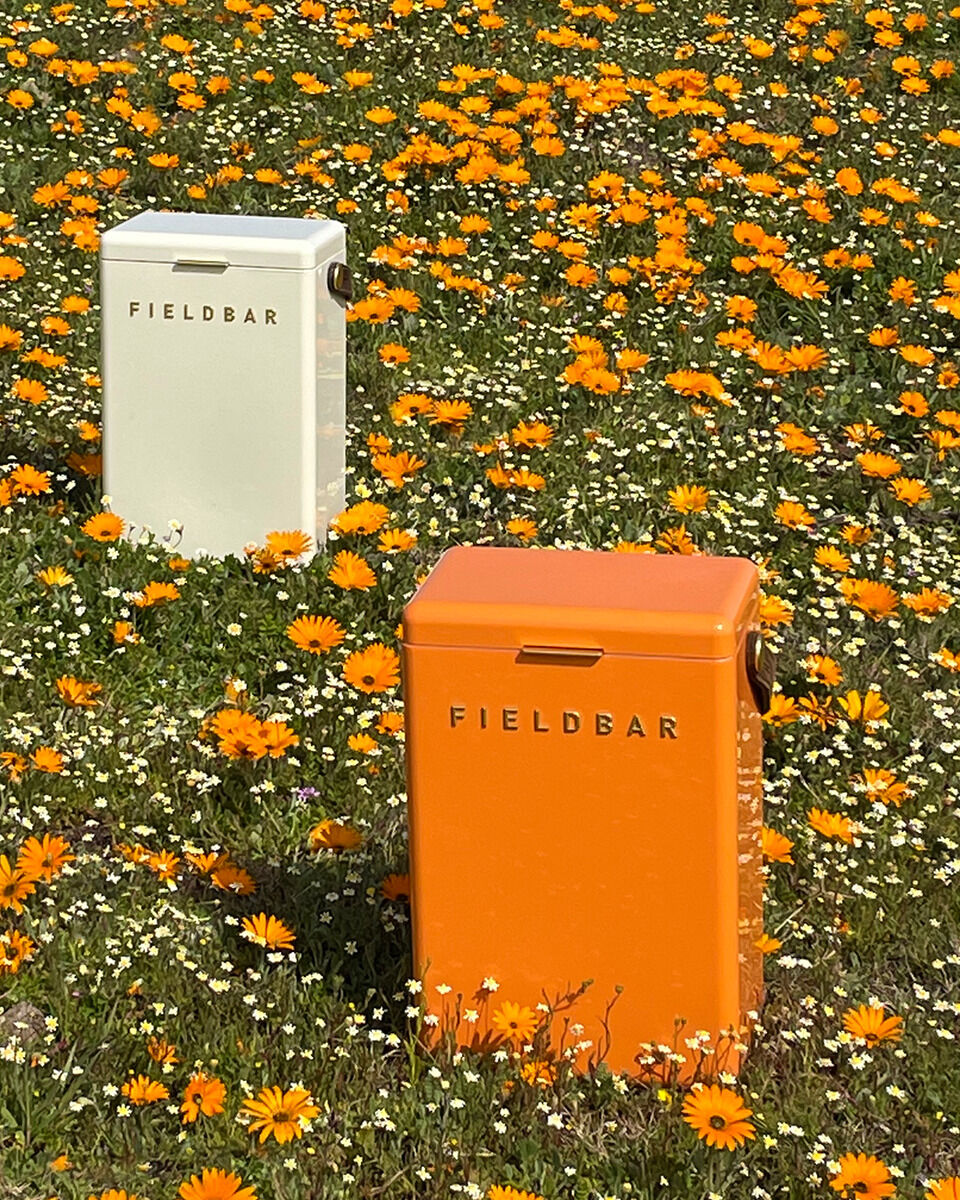 Zwei Getränke- oder Kühlboxen der Marke Fieldbar, eine in Orange und eine in Weiß, stehen auf einer blühenden Wiese voller gelber und weißer Blumen.