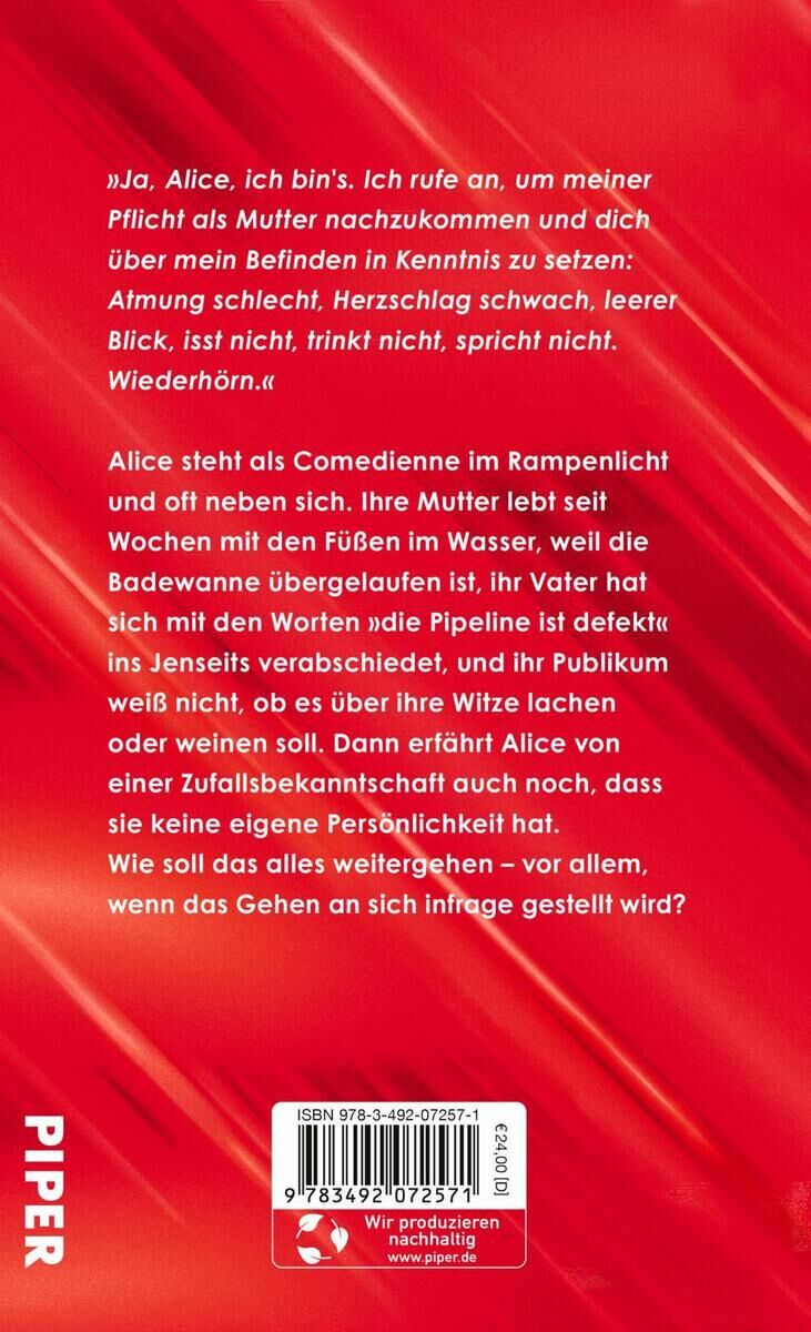 Rückseite des Buches 'Sei nicht so' von Kathrin Warnke aus dem Piper Verlag, hauptsächlich in roter Farbe gestaltet, mit einem langen Text in weißer Schrift. Am linken Rand ist vertikal das Logo und der Name des Verlags Piper gedruckt.