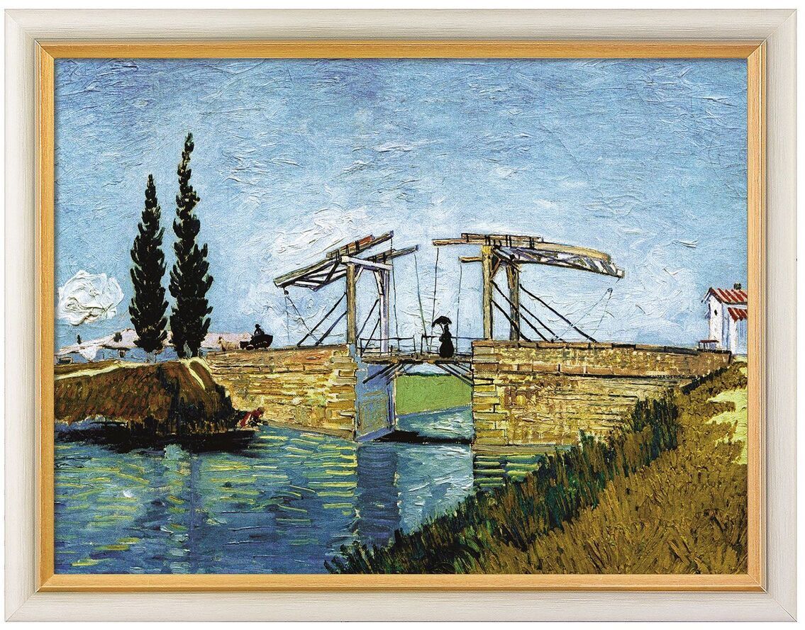 Gemälde von Vincent van Gogh aus dem Jahr 1888, betitelt »Die Zugbrücke«. Darstellung einer Steinbrücke, die über einen Kanal führt, umgeben von Natur und zwei hohen Bäumen. Der Himmel ist blau mit einzelnen Wolken und die Reflexion des Wassers zeigt die Brücke und die Landschaft.