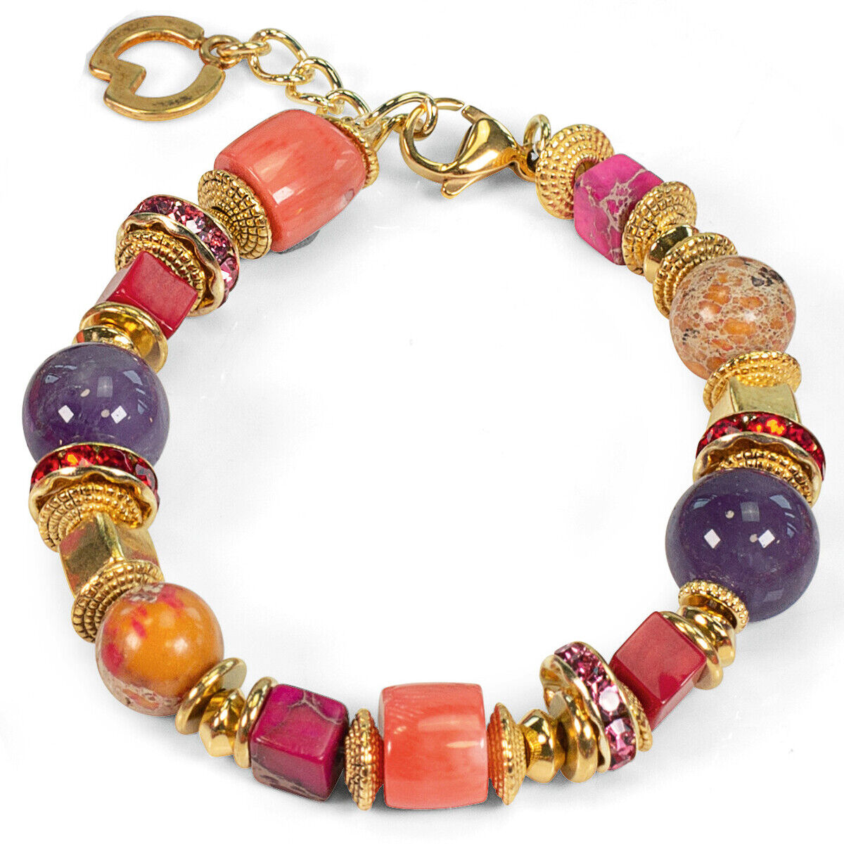 Ein farbenfrohes Armband mit verschiedenen Perlen und goldenen Akzenten, das Teil des Schmucksets 'Tamika' von Petra Waszak ist.