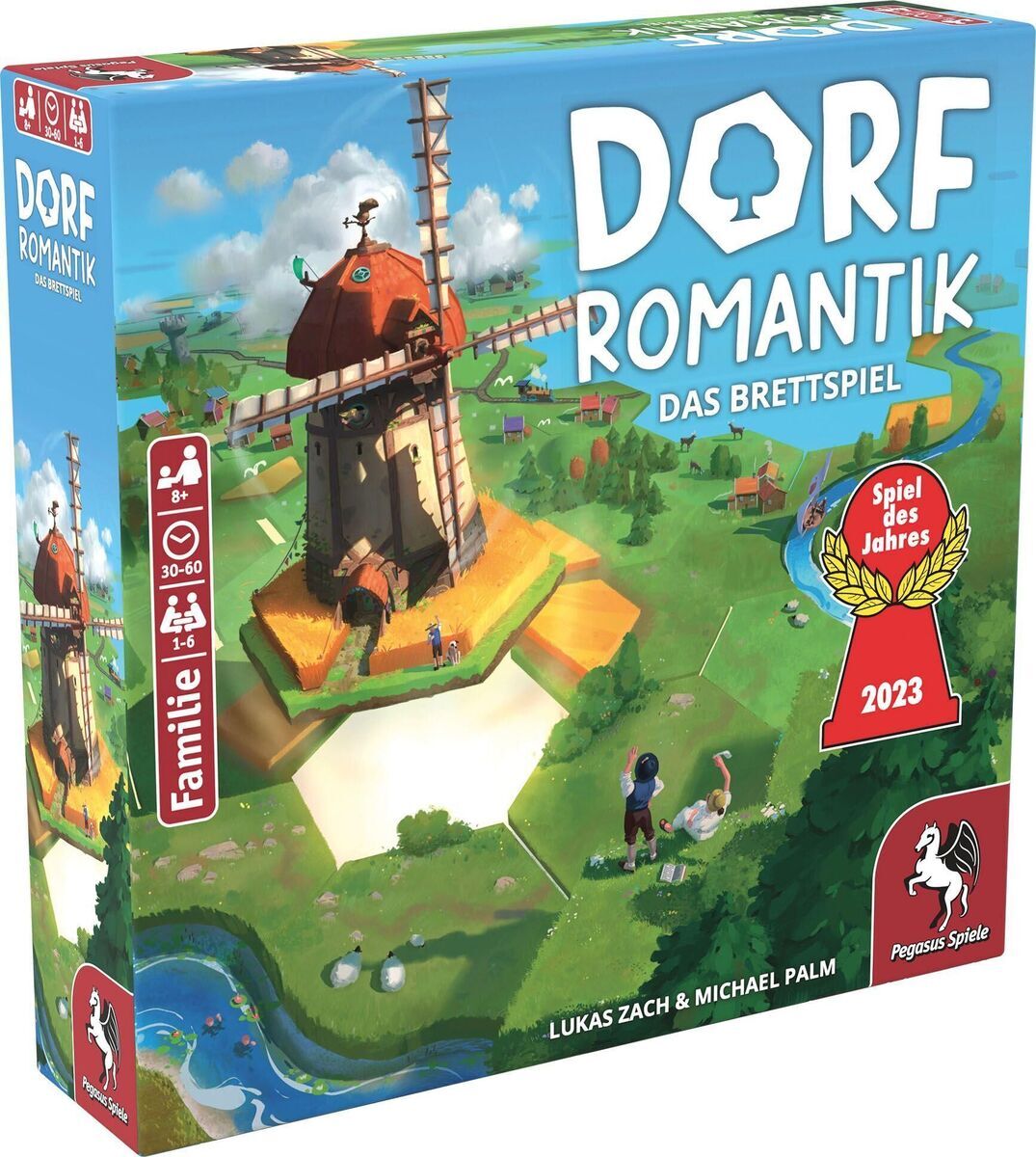 Dorfromantik - Das Brettspiel (Spiel des Jahres 2023) mit einer farbenfrohen Verpackung, die ein idyllisches Dorf umfasst, gestaltet von Lukas Zach und Michael Palm, veröffentlicht von Pegasus Spiele. Die Box zeigt eine malerische Landschaft mit einem Gebäude, Bäumen und Menschen. Empfohlen für Familien und Gesellschaftsspielabende.